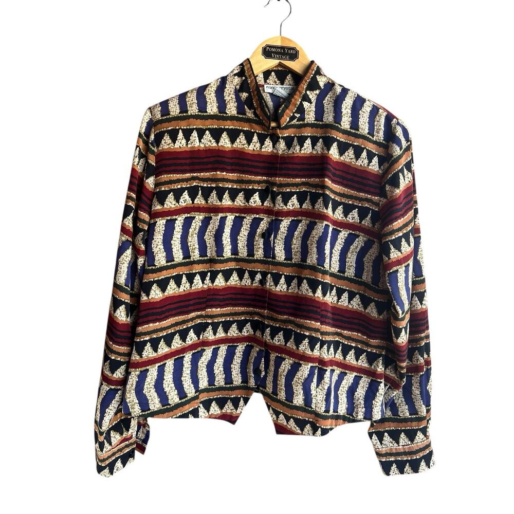 Nancy Crystal Aztex Western Theme Vintage Asymmetrical Hem Blouse Size 12